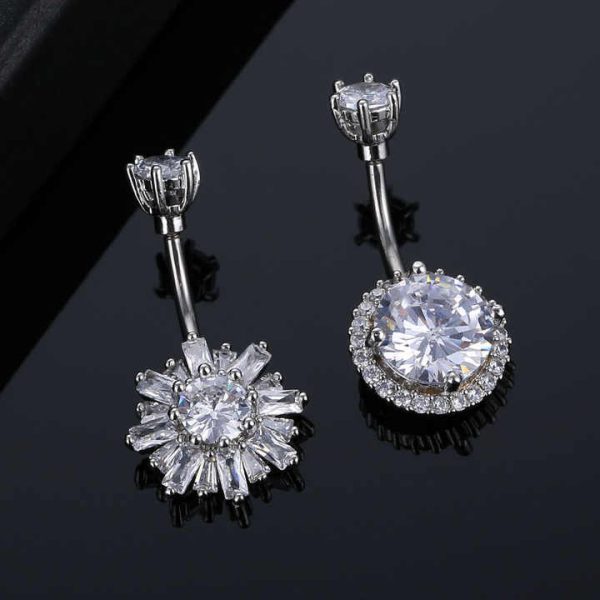 Fashion Stainless Steel Circular Flower Zircon Navel Nail Piercing Jewelry Silver Plated Crystal Heart Belly Button Rings
