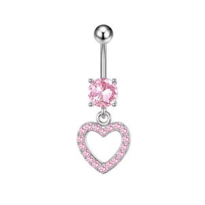 Classic Stainless Steel Zircon Heart Navel Ring, Silver Plated Body Jewelry for Women and Men