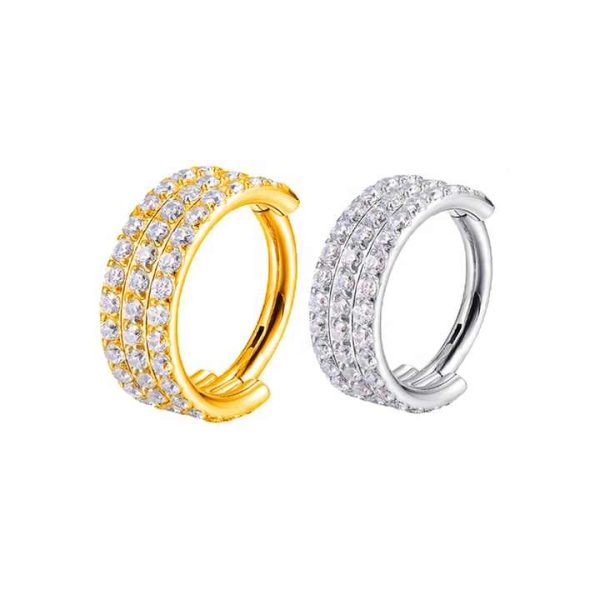 ASTM F136 G23 Titanium Fashion Hinged Segment Hoop With 3 Rows CZ Pave Cartilage Earring Nose Ring Piercing Body Women Jewelry