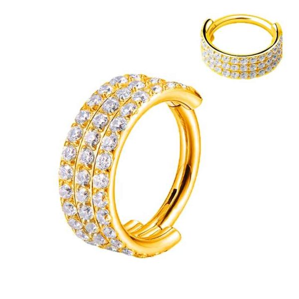 ASTM F136 G23 Titanium Fashion Hinged Segment Hoop With 3 Rows CZ Pave Cartilage Earring Nose Ring Piercing Body Women Jewelry