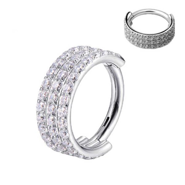 ASTM F136 G23 Titanium Fashion Hinged Segment Hoop With 3 Rows CZ Pave Cartilage Earring Nose Ring Piercing Body Women Jewelry