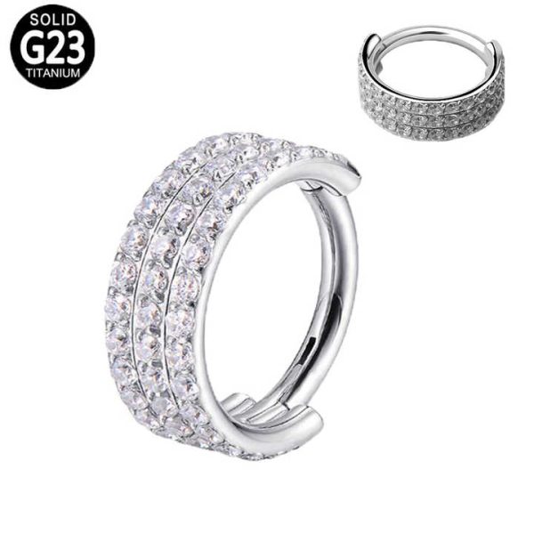ASTM F136 G23 Titanium Fashion Hinged Segment Hoop With 3 Rows CZ Pave Cartilage Earring Nose Ring Piercing Body Women Jewelry