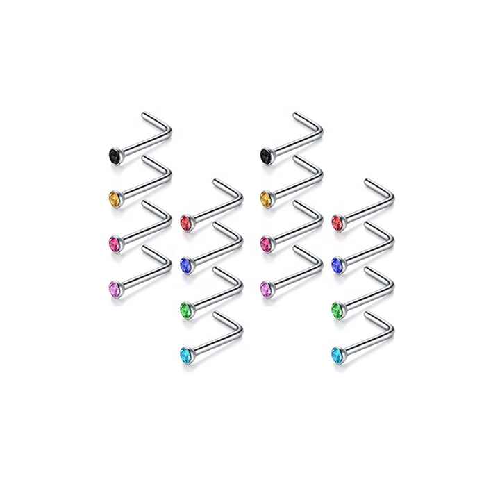 20 Gauge Surgical Stainless Steel Nose Set Ring L Shaped Crook Nose Bonus Pack Body Piercing Jewelry