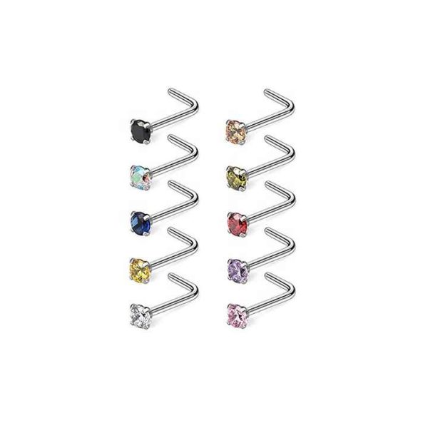 20 Gauge Surgical Stainless Steel Nose Set Ring L Shaped Crook Nose Bonus Pack Body Piercing Jewelry