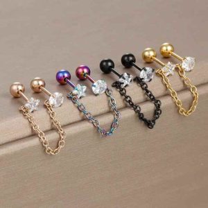 Trendy Double Hole Gold Plated Stainless Steel Earrings with Crystal Rhinestones for Men and Women - Customizable Unisex Piercing Jewelry