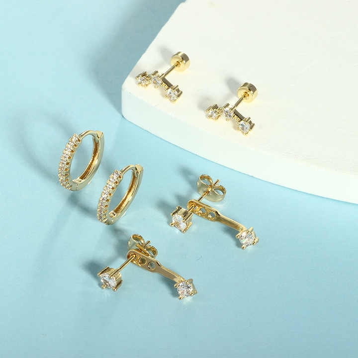 Minimalist Fashion Jewelry stainless steel Geometric Shaped Zircon Gold Plated Hoop Stud Earrings Sets for Women