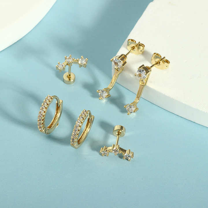 Minimalist Fashion Jewelry stainless steel Geometric Shaped Zircon Gold Plated Hoop Stud Earrings Sets for Women
