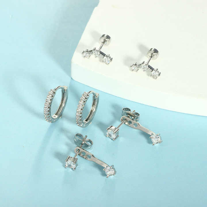 Minimalist Fashion Jewelry stainless steel Geometric Shaped Zircon Gold Plated Hoop Stud Earrings Sets for Women