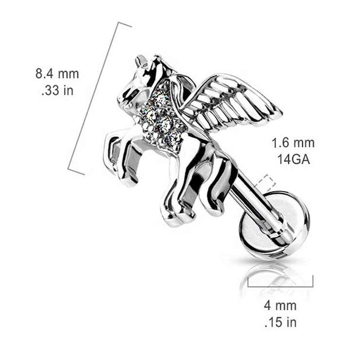 316L Surgical Steel Fashion CZ Paved Unicorn Internally Threaded Flat Back Studs for Labret Monroe Cartilage