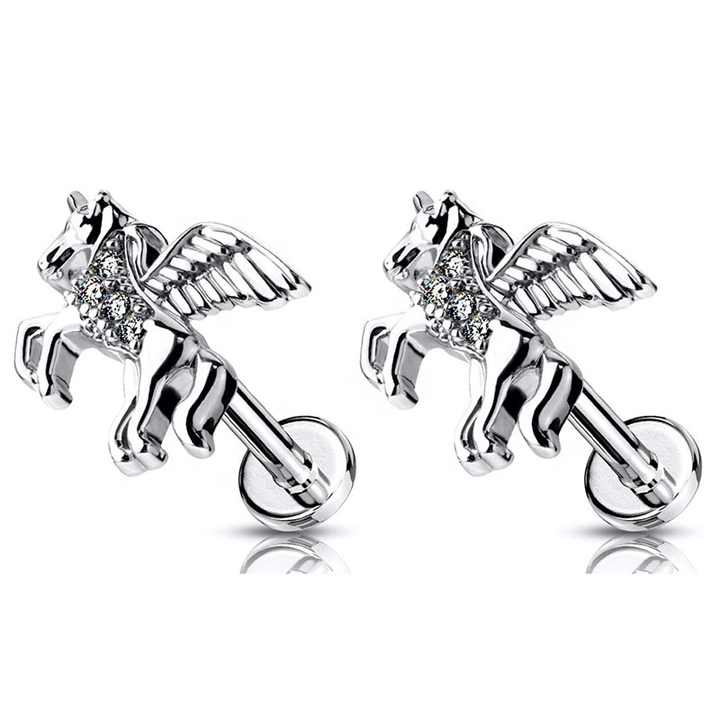 316L Surgical Steel Fashion CZ Paved Unicorn Internally Threaded Flat Back Studs for Labret Monroe Cartilage