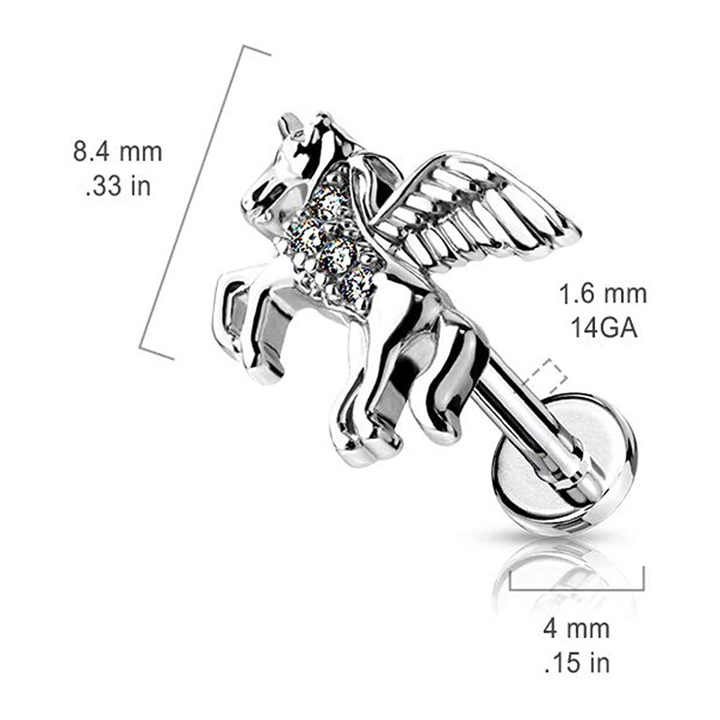 316L Surgical Steel Fashion CZ Paved Unicorn Internally Threaded Flat Back Studs for Labret Monroe Cartilage