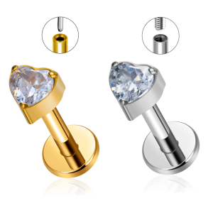 ASTM F136 Titanium Heart-Shaped Zircon Labret Stud Ear Cartilage Lip Piercing Jewelry Punk Style