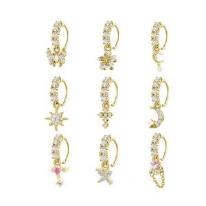 Trendy Stainless Steel Gold Plated Cubic Zirconia Dangle Hoop Nose Rings for Women Hypoallergenic Piercing Jewelry