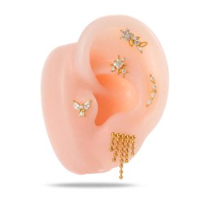 Trendy Silver Gold Plated Brass Flower Bowknot Tassel Cartilage Earrings with Oval Zircon Studs for Helix Nose Piercing Jewelry