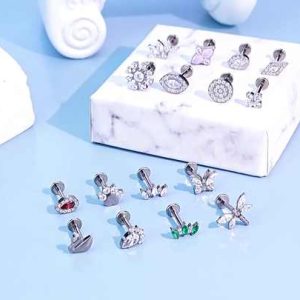 ASTM F136 Titanium Internally Threaded Helix Earring Labret Body Jewelry with Zircon Stone for Piercings