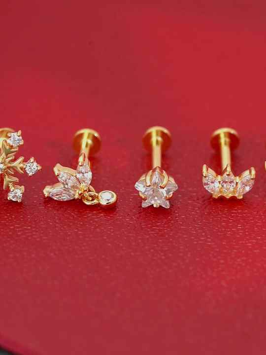 14K Solid Gold Cubic Zircon Labret Ear Stud with Internal Thread - 7MM Rose Gold Plated Body Piercing Jewelry for Helix, Lobe, Cartilage