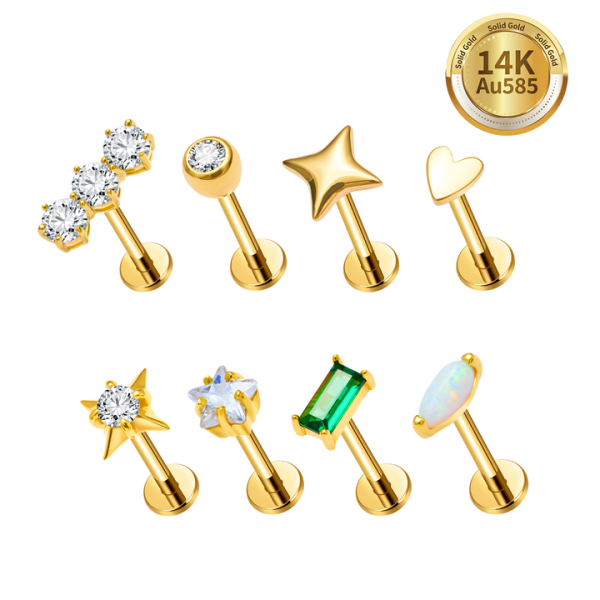 Manwei 14K Solid Gold Cubic Zircon Inlay 18G Internal Thread Labret Ear Stud Earrings Lobe Helix Cartilage Body Piercing Jewelry