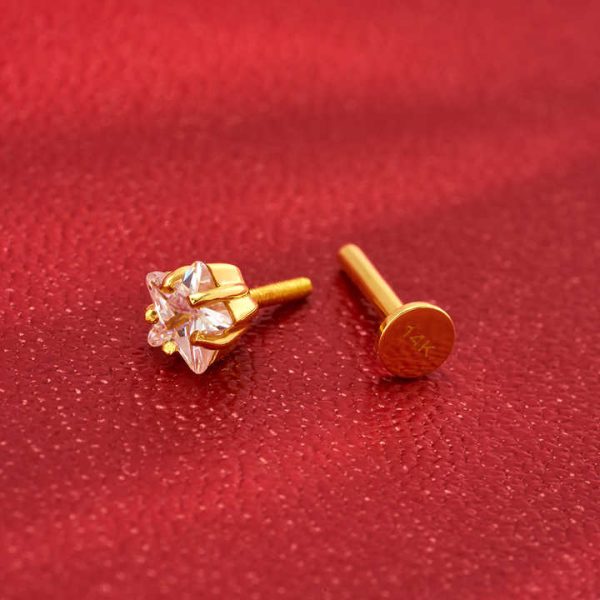 Manwei 14K Solid Gold Cubic Zircon Inlay 18G Internal Thread Labret Ear Stud Earrings Lobe Helix Cartilage Body Piercing Jewelry