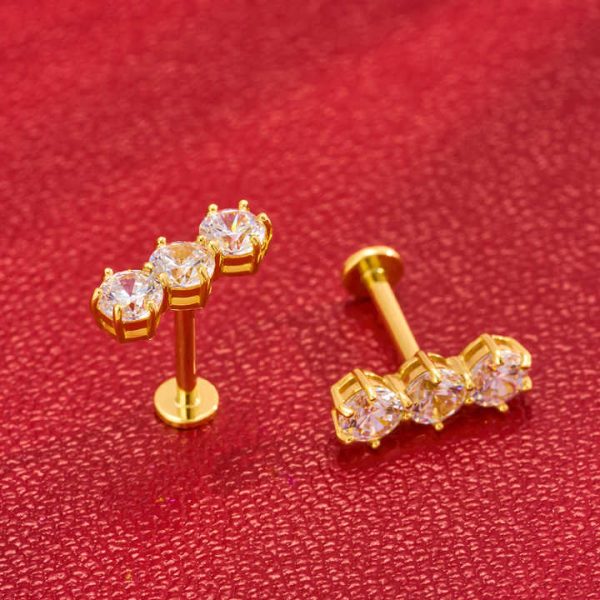 Manwei 14K Solid Gold Cubic Zircon Inlay 18G Internal Thread Labret Ear Stud Earrings Lobe Helix Cartilage Body Piercing Jewelry