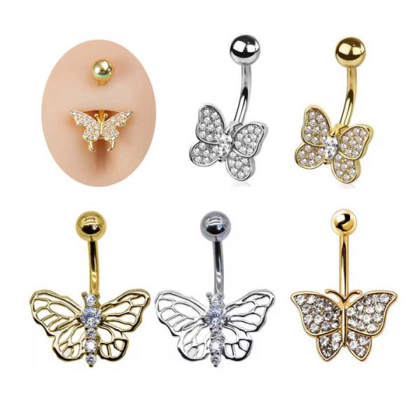 Women Fashion Body Jewelry Gold Plated Butterfly Belly Button Ring 14G Stainless Steel Navel Piercing Fashionable Belly Piercing