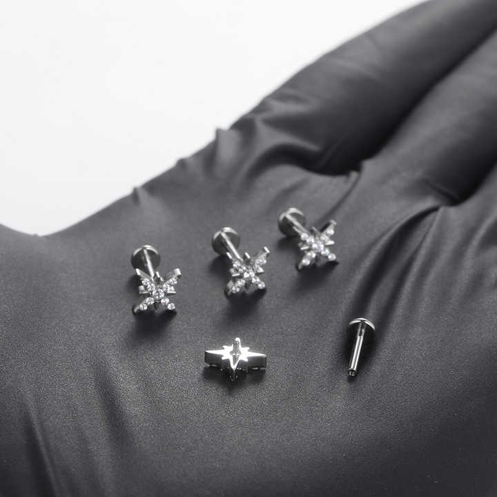 Implant Grade Titanium Ear Cartilage Earring Sparkling CZ North Star Stud Earring Labret Tragus Helix Conch Lobe Piercing Women