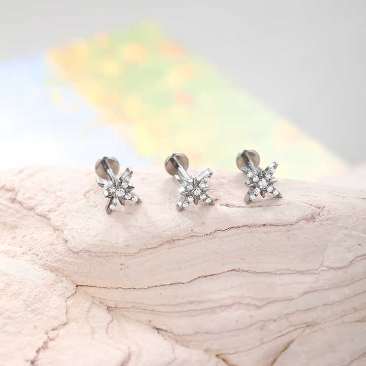 Implant Grade Titanium Ear Cartilage Earring Sparkling CZ North Star Stud Earring Labret Tragus Helix Conch Lobe Piercing Women
