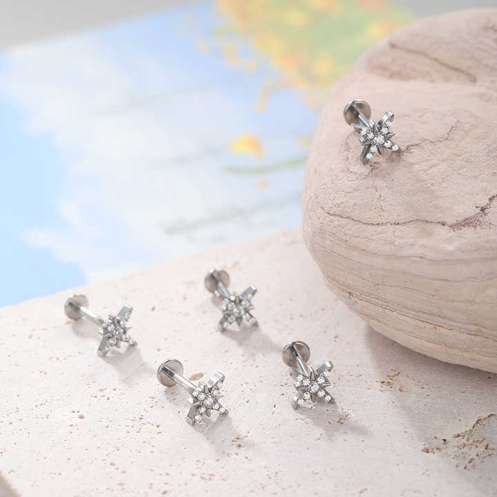 Implant Grade Titanium Ear Cartilage Earring Sparkling CZ North Star Stud Earring Labret Tragus Helix Conch Lobe Piercing Women