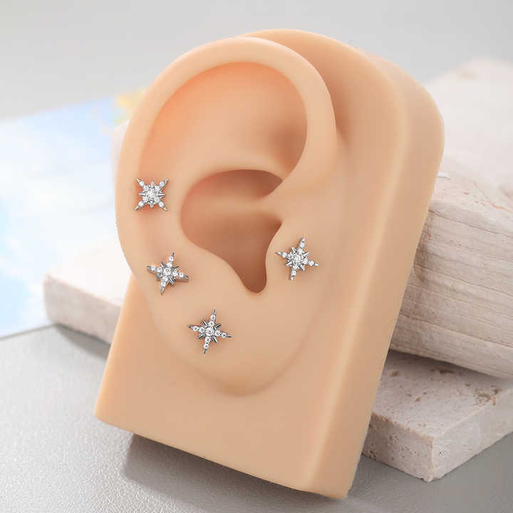 Implant Grade Titanium Ear Cartilage Earring Sparkling CZ North Star Stud Earring Labret Tragus Helix Conch Lobe Piercing Women