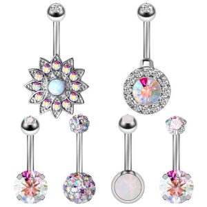 Trendy Stainless Steel Opal Navel Ring 6-Piece Set with AB Drill Body Piercing Jewelry