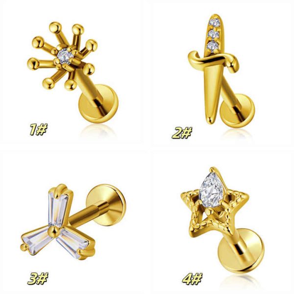 Hot Selling Gold PVD Labret Ear Nose Stud 316 Stainless Steel Internally Threaded Fashionable Design Zircon Piercing Jewelry for