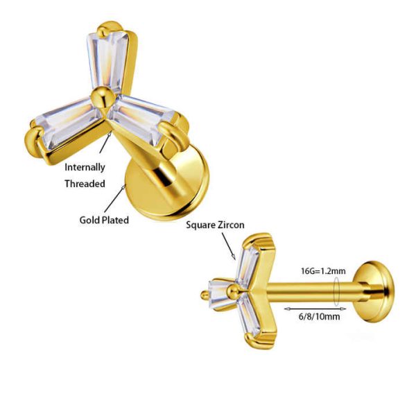 Hot Selling Gold PVD Labret Ear Nose Stud 316 Stainless Steel Internally Threaded Fashionable Design Zircon Piercing Jewelry for