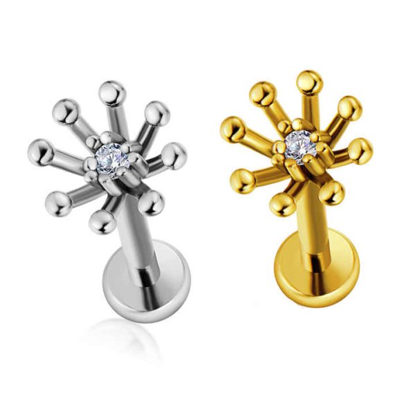 Hot Selling Gold PVD Labret Ear Nose Stud 316 Stainless Steel Internally Threaded Fashionable Design Zircon Piercing Jewelry for