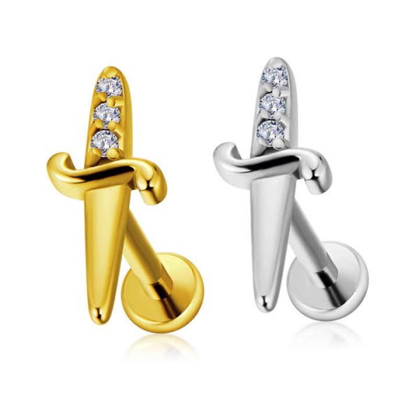 Hot Selling Gold PVD Labret Ear Nose Stud 316 Stainless Steel Internally Threaded Fashionable Design Zircon Piercing Jewelry for
