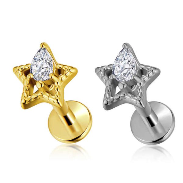 Hot Selling Gold PVD Labret Ear Nose Stud 316 Stainless Steel Internally Threaded Fashionable Design Zircon Piercing Jewelry for