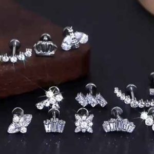 Titanium Labret Lip Piercing with White Zircon - Trendy Internally Threaded Body Jewelry for Ear Cartilage, Helix, and Tragus