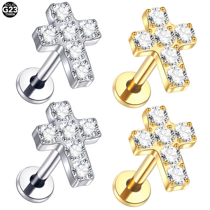 Titanium Cross White Zirconium Internally Threaded CZ Labret Monroe Lip Piercing Ear Cartilage Helix Tragus Piercing