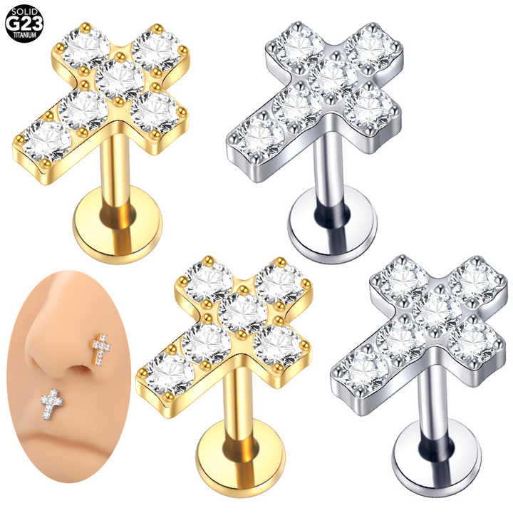 Titanium Cross White Zirconium Internally Threaded CZ Labret Monroe Lip Piercing Ear Cartilage Helix Tragus Piercing
