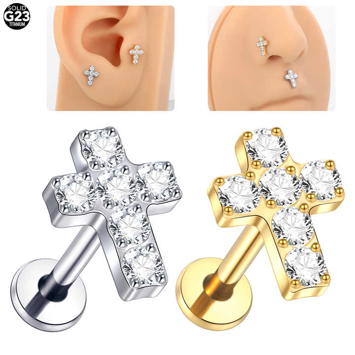 Titanium Cross White Zirconium Internally Threaded CZ Labret Monroe Lip Piercing Ear Cartilage Helix Tragus Piercing