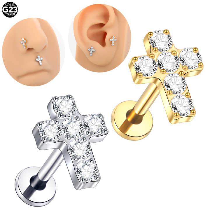 Titanium Cross White Zirconium Internally Threaded CZ Labret Monroe Lip Piercing Ear Cartilage Helix Tragus Piercing