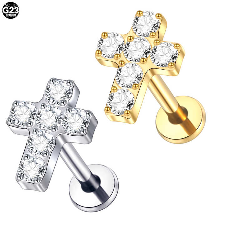 Titanium Cross White Zirconium Internally Threaded CZ Labret Monroe Lip Piercing Ear Cartilage Helix Tragus Piercing