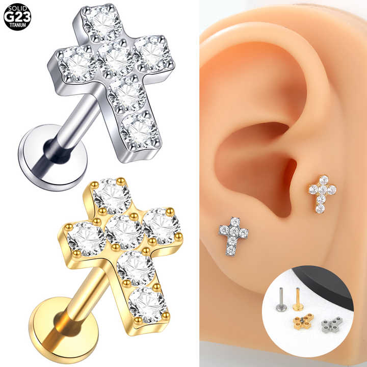 Titanium Cross White Zirconium Internally Threaded CZ Labret Monroe Lip Piercing Ear Cartilage Helix Tragus Piercing