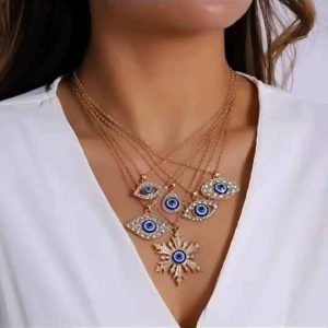 Punk Style Stainless Steel Devil's Eye Pendant Necklace for Women with Zircon Stone 18K Gold Plated Blue Link Chain Power Collar Jewelry