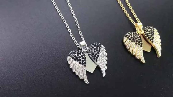 Vintage Angel Wings Heart Pendant Necklace 18K Gold Plated Stainless Steel Zircon Waterproof Jewelry for Women
