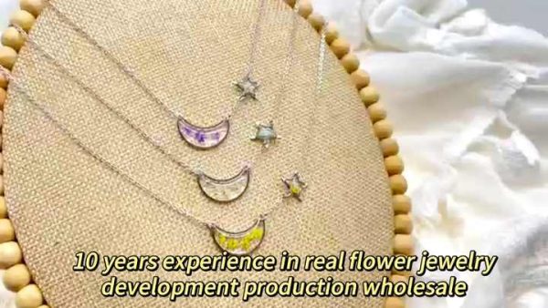 Handmade Resin Flower Necklace with Half Moon and Star Pendant - Real Dried Floral Acrylic Jewelry for Women