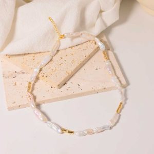 18K Gold Plated Long Pink Pearl Long Necklace Natural Freshwater Baroque Pearl Metal Necklace for Women