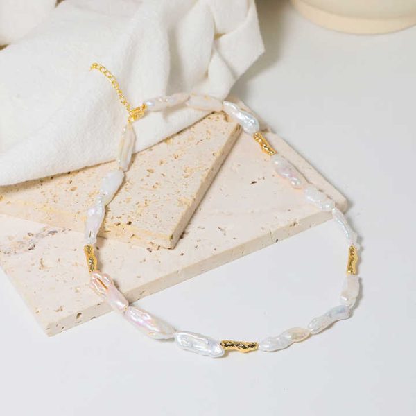 18K Gold Plated Long Pink Pearl Long Necklace Natural Freshwater Baroque Pearl Metal Necklace for Women