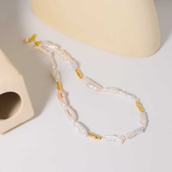18K Gold Plated Long Pink Pearl Long Necklace Natural Freshwater Baroque Pearl Metal Necklace for Women