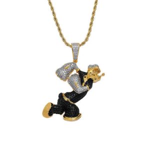 Popeye Cartoon Character Pendant Necklace - Copper Gold Plated with Shell Stone, Unisex Fashion Jewelry for Birthdays and Souvenirs