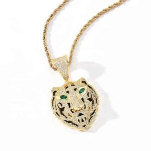 Animal Jewelry Hip Hop Big Pendant Stainless Steel Zircon Men Gold Plated Ice Out Lion Tiger Head Necklace