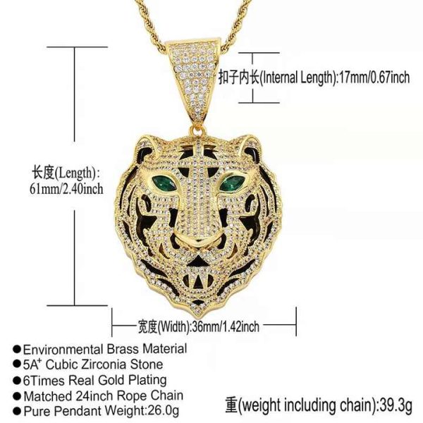 Animal Jewelry Hip Hop Big Pendant Stainless Steel Zircon Men Gold Plated Ice Out Lion Tiger Head Necklace